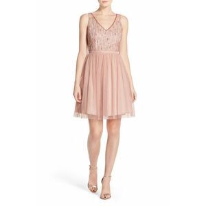New! ADRIANNA PAPELL Women's Jeweled Beaded Tulle Dress Size 12 Color Blush